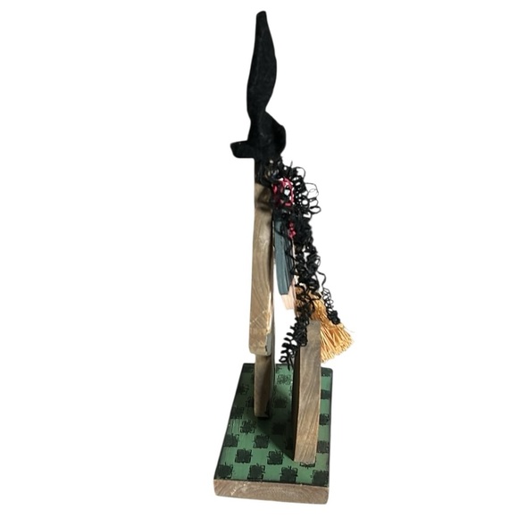 Wooden Halloween Good Witch Figurine with Curly Black Hair and Broom 11” - Picture 3 of 9